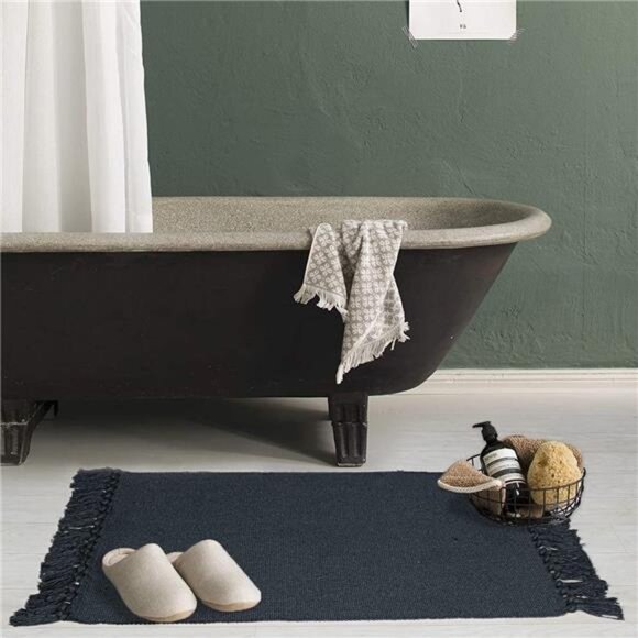 Black Kitchen Rug, Cotton Hand Woven Recycled Throw Rug Runner - Picture 2 of 8